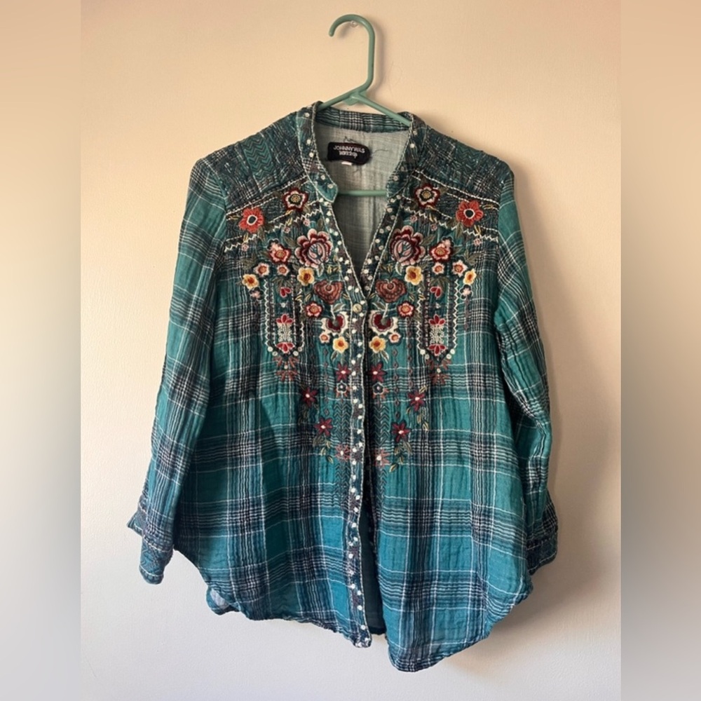 Gorgeous Johnny Was Roses Floral Bohemian Embroidered Shirt Small
